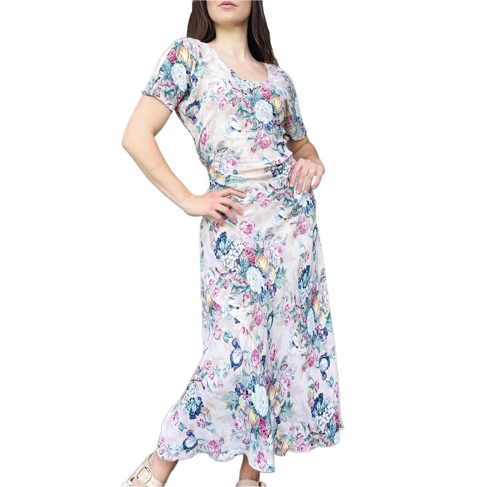 Vintage Pink Floral Toile Cottagecore 
Print Bias Cut Short Sleeve Maxi Dress M